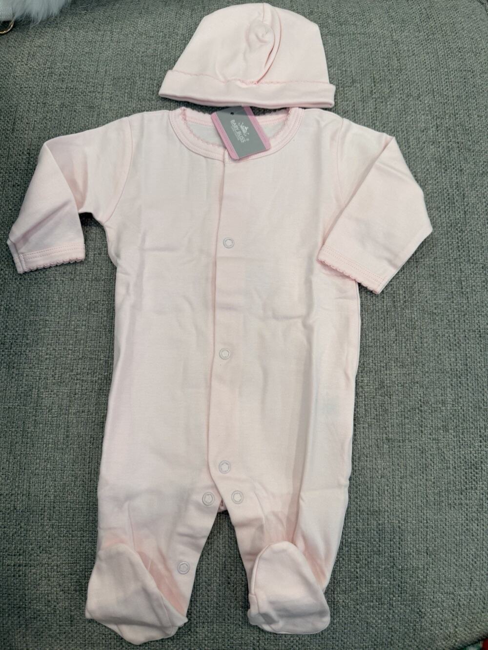 Baby Bliss Light Pink Pima Cotton Footie Hat Set Sz Newborn Layette NWT